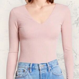 New Abound Metallic Knit Double V Neck Long Sleeve Bodysuit Rose Gold Pink - Siz